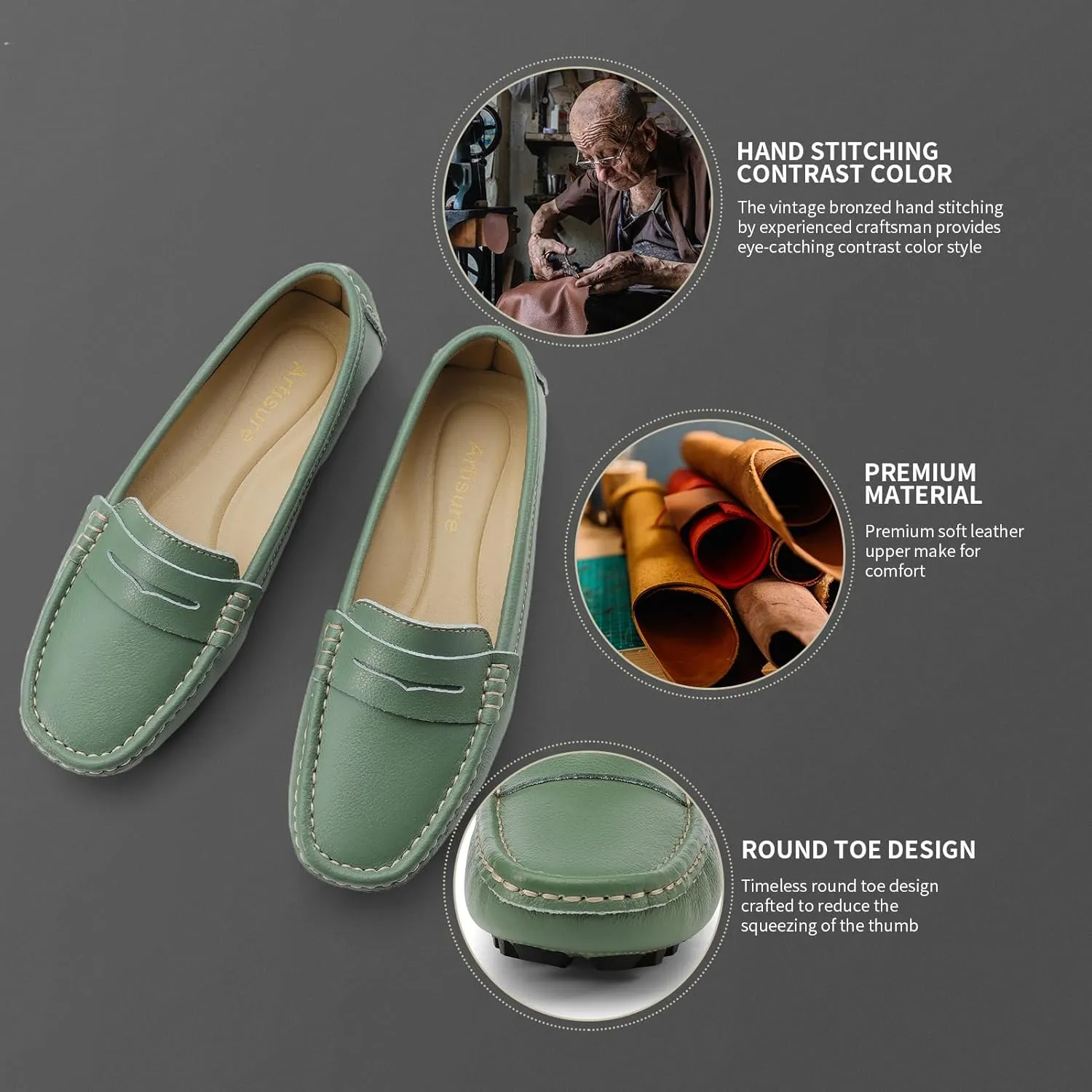 Artisure Women's Classic Comfort Leather Penny Loafers Casual Slip-Ons Lightweight Walking Flats Driving Mocs Boat Shoes