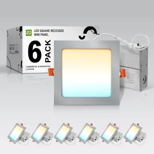 ASD 6 Pack LED Square Recessed Lighting 6 Inch, 5 CCT 2700K-5000K, 15W 60W Eqv, Ultra Thin Dimmable Ceiling Lights with J Box, Canless Wafer Downlight, Slim Panel Light, UL Energy Star, Brushed Nickel
