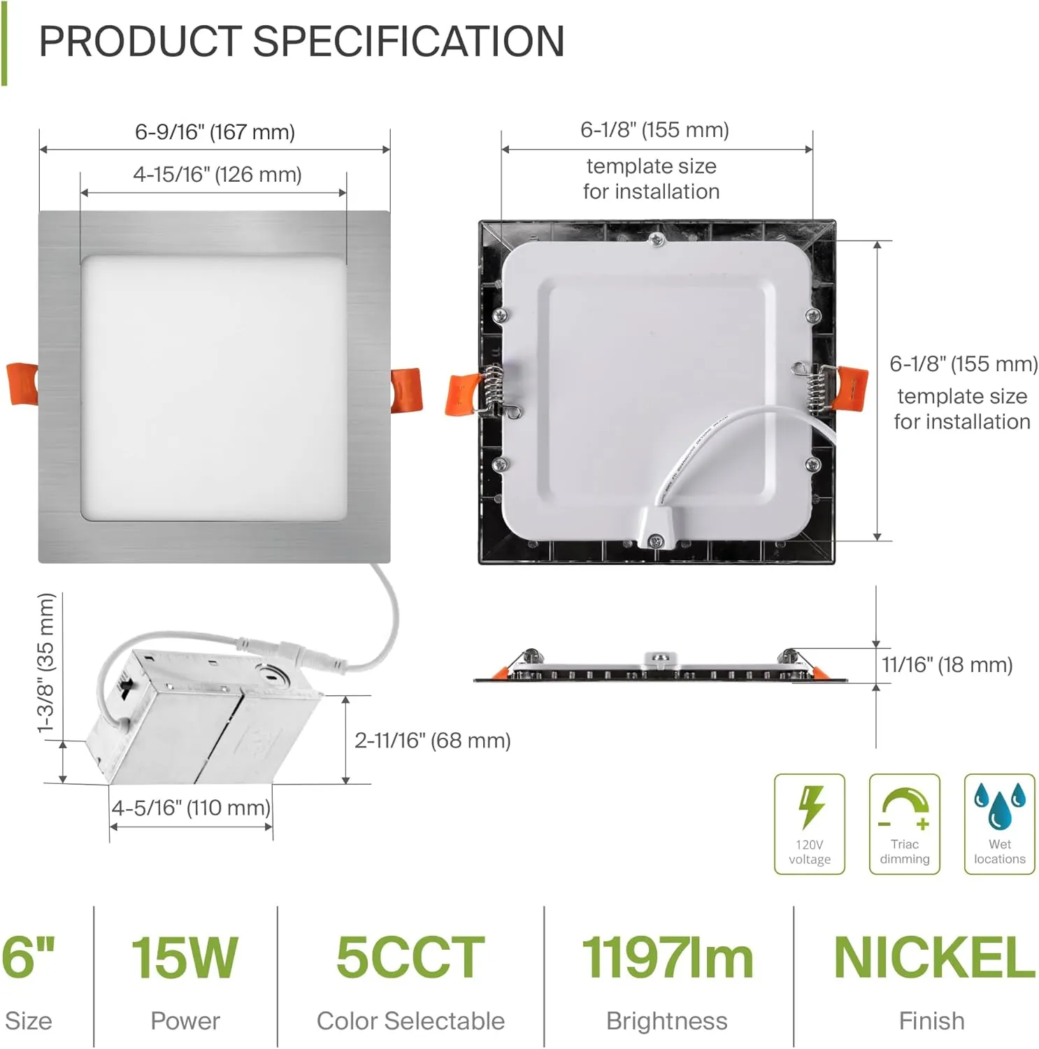 ASD 6 Pack LED Square Recessed Lighting 6 Inch, 5 CCT 2700K-5000K, 15W 60W Eqv, Ultra Thin Dimmable Ceiling Lights with J Box, Canless Wafer Downlight, Slim Panel Light, UL Energy Star, Brushed Nickel