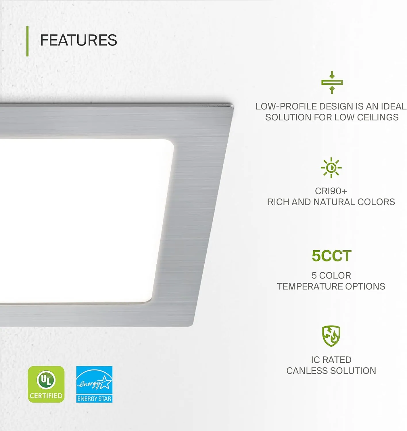 ASD 6 Pack LED Square Recessed Lighting 6 Inch, 5 CCT 2700K-5000K, 15W 60W Eqv, Ultra Thin Dimmable Ceiling Lights with J Box, Canless Wafer Downlight, Slim Panel Light, UL Energy Star, Brushed Nickel