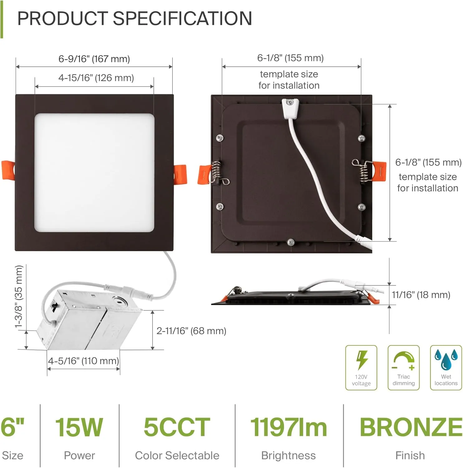 ASD 6 Pack LED Square Recessed Lighting 6 Inch, 5 CCT 2700K-5000K, 15W 60W Eqv, Ultra Thin Dimmable Ceiling Lights with J Box, Canless Wafer Downlight, Slim Panel, UL Energy Star, Oil-Rubbed Bronze