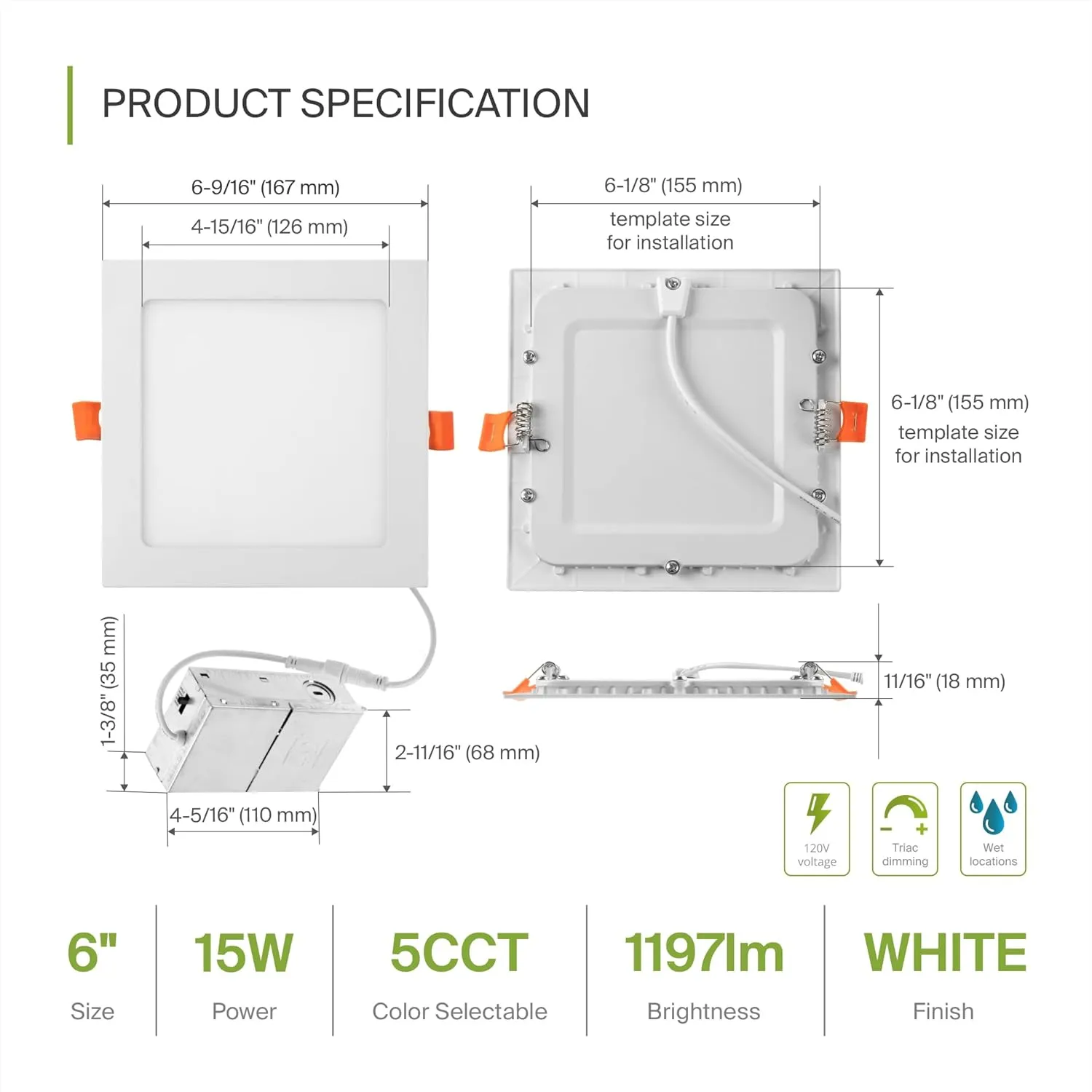 ASD 6 Pack LED Square Recessed Lighting 6 Inch, 5 CCT 2700K-5000K CRI90 , 15W 60W Eqv, Ultra Thin Dimmable Ceiling Lights with J Box, Canless Wafer Downlight, Slim Panel Light, UL Energy Star, White