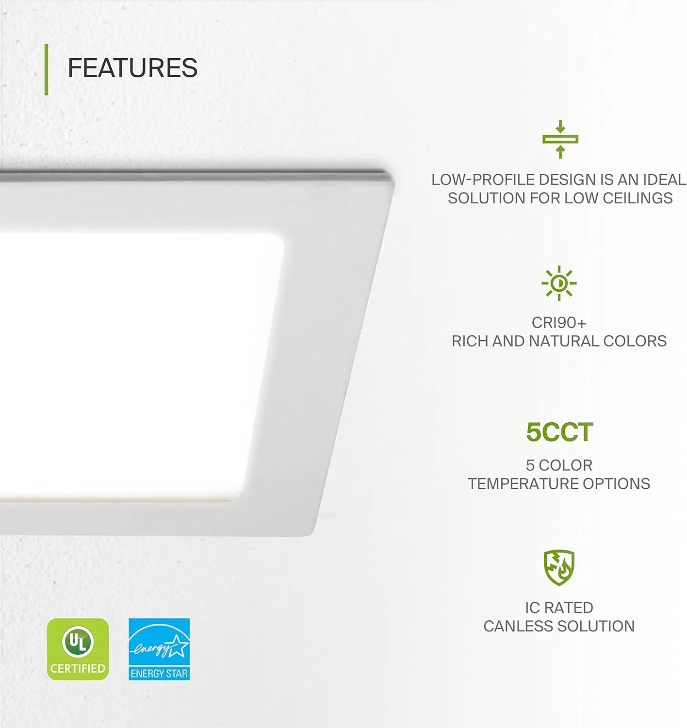 ASD 6 Pack LED Square Recessed Lighting 6 Inch, 5 CCT 2700K-5000K CRI90 , 15W 60W Eqv, Ultra Thin Dimmable Ceiling Lights with J Box, Canless Wafer Downlight, Slim Panel Light, UL Energy Star, White