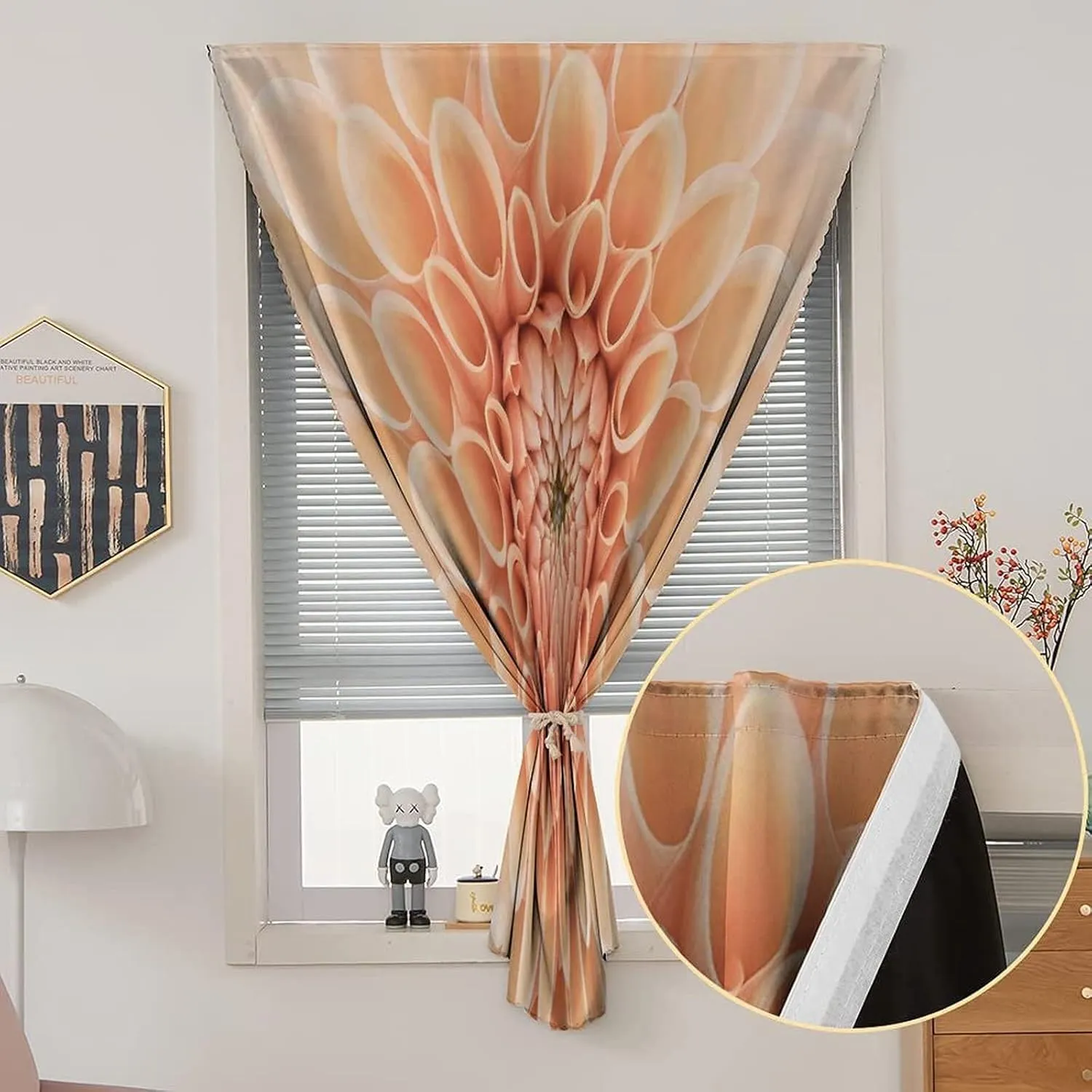 Autohesion Curtains, Dahlia Window Curtain Panel, Autumn Flower Blooming Botanical Parks Nature Print Thermal Lnsulated Room Darkening Small Drapes,26W x40L Inch, for Kitchen Bathroom Living Room