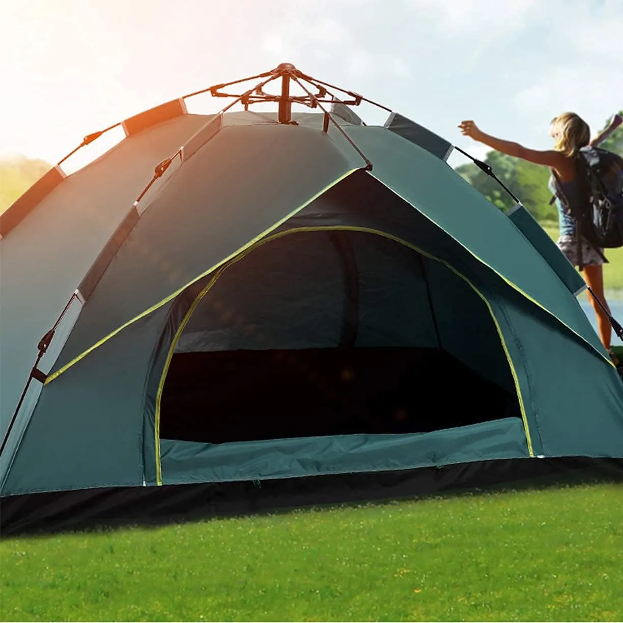 Automatic Pop Up Tent Family Camping Tent 2-3-4 Person Portable Tent Spring Type Fast Open Waterproof Windproof for Camping Hiking Mountaineering (Blue Width 1.5m) (Dark Green Width 1.5m)