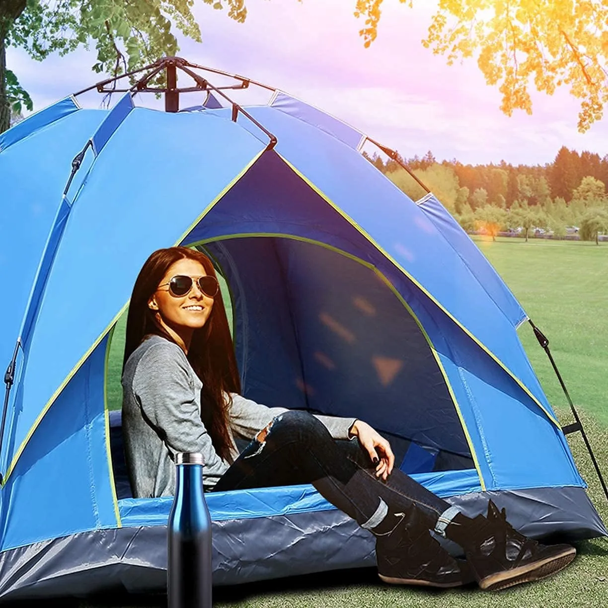 Automatic Pop Up Tent Family Camping Tent 2-3-4 Person Portable Tent Spring Type Fast Open Waterproof Windproof for Camping Hiking Mountaineering (Blue Width 1.5m) (Dark Green Width 1.5m)