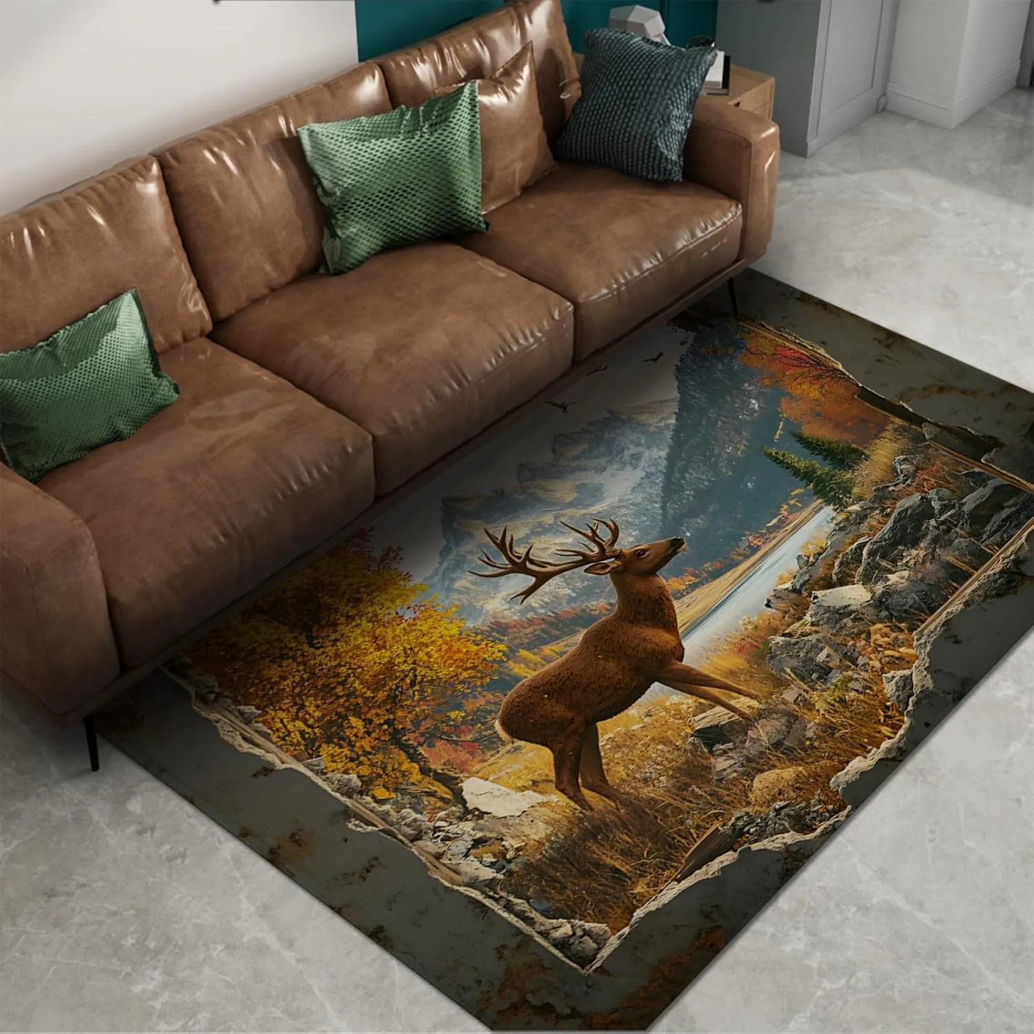 Autumn Forest Deer Area Rugs Large Rustic Cabin Print Indoor Thin Carpet for Living Room Bedroom Farmhouse Floor Mat Washable 4'x5'6"