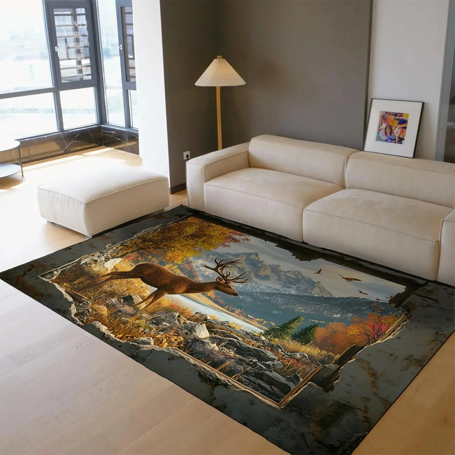 Autumn Forest Deer Area Rugs Large Rustic Cabin Print Indoor Thin Carpet for Living Room Bedroom Farmhouse Floor Mat Washable 4'x5'6"