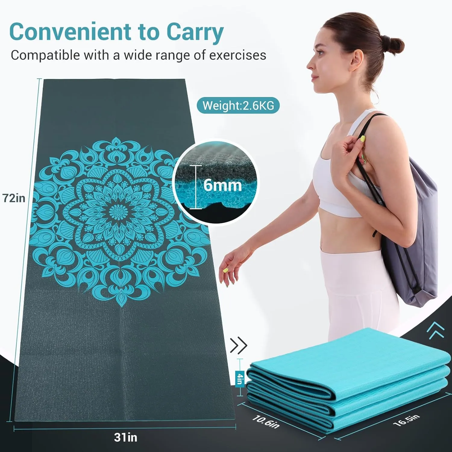 Avoalre Foldable Travel Yoga Mat Print | 5mm &6mm Thick Large Pilates Mat | Non-Slip High Density Floor Exercise Mat for Home Workout | Eco-Friendly Folding Fitness Mat for Women Men with Carrying Bag
