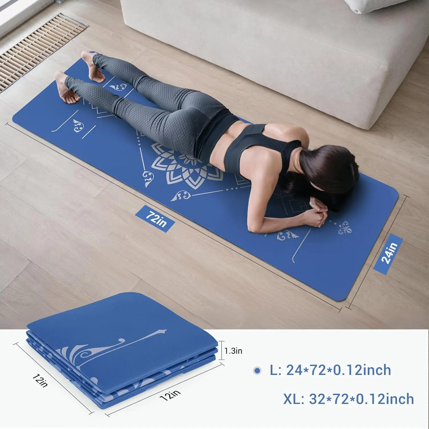 Avoalre Travel Yoga Mat Packable - Super Non Slip Foldable Fitness & Exercise Mat - Folding Lightweight Hot Yoga Mat with Carry Bag for Pilates & Floor Home Workouts (72"L x 24" & 32''W x 3mm Thick)