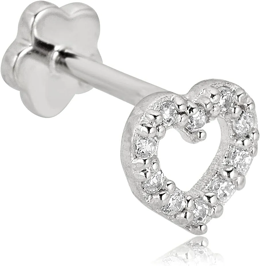 AVORA 14K Gold Simulated Diamond CZ Open Heart Cartilage Piercing Flat Back Earring Body Jewelry (18 Gauge)