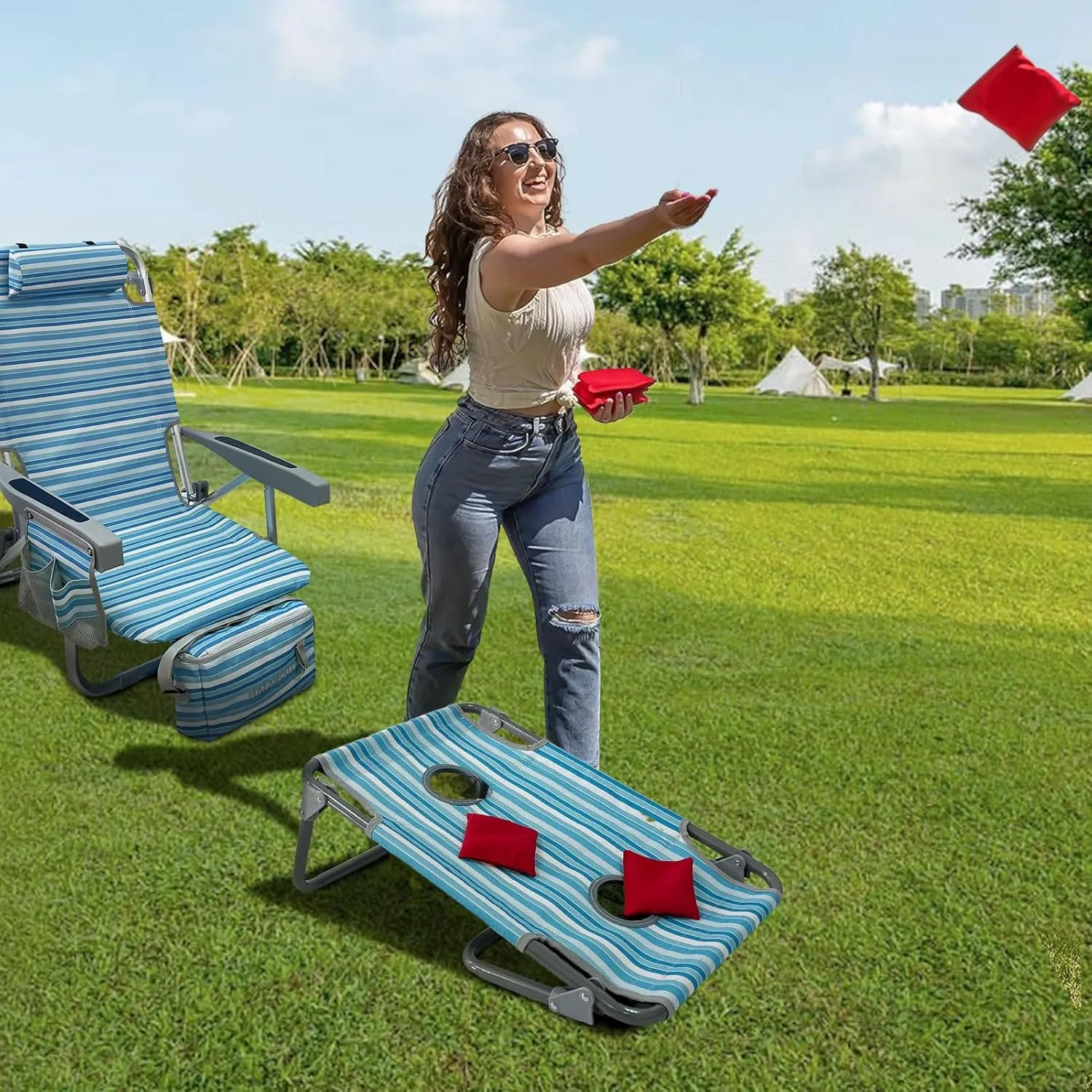 Backpack Beach Chair Aluminum 2 Pack with Folding Camping Table 5-Position Lay Flat Lounge Chair Outdoor for Adults with Insulated Cooler Bag and Cup Holder