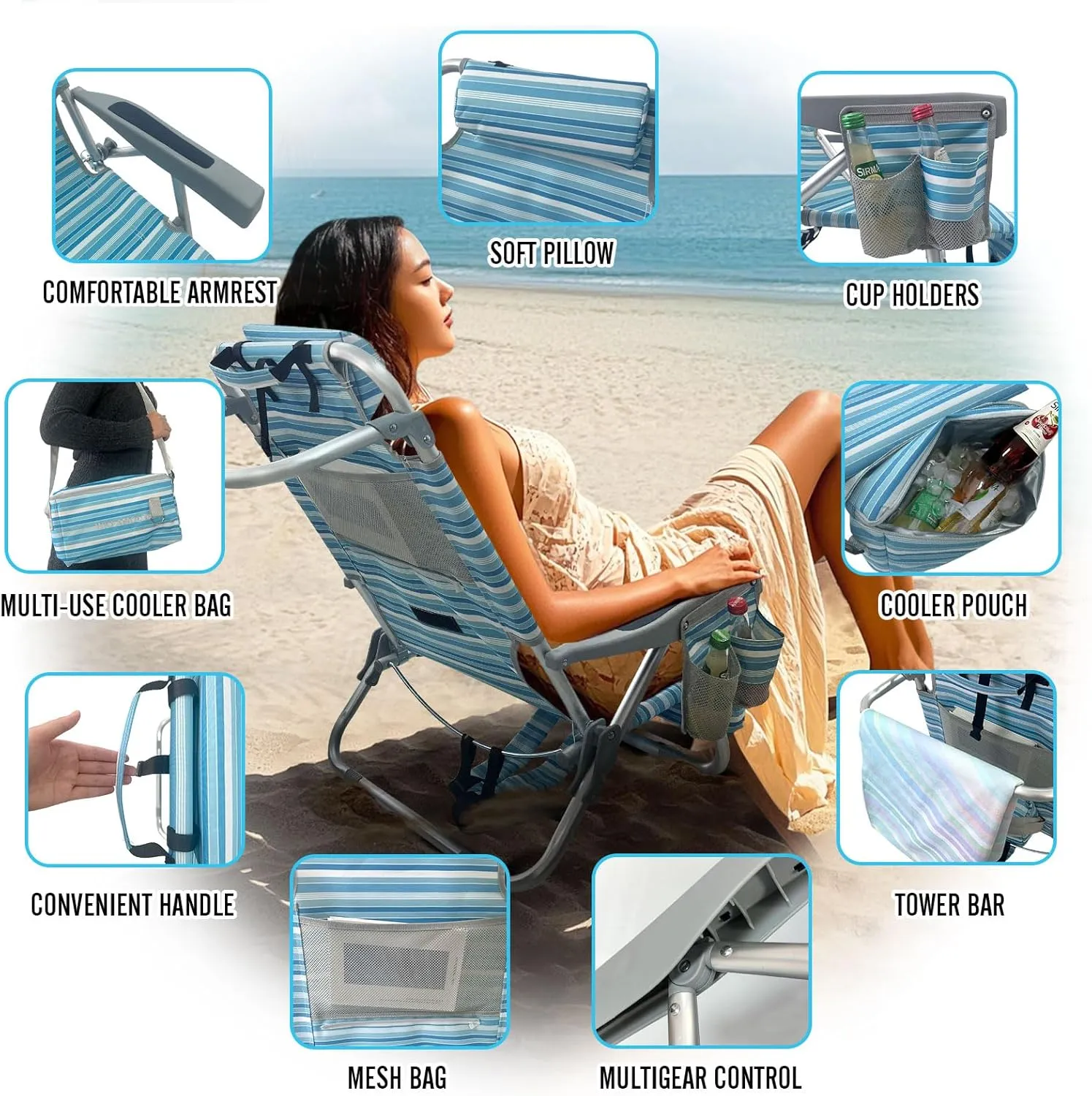 Backpack Beach Chair Aluminum 2 Pack with Folding Camping Table 5-Position Lay Flat Lounge Chair Outdoor for Adults with Insulated Cooler Bag and Cup Holder