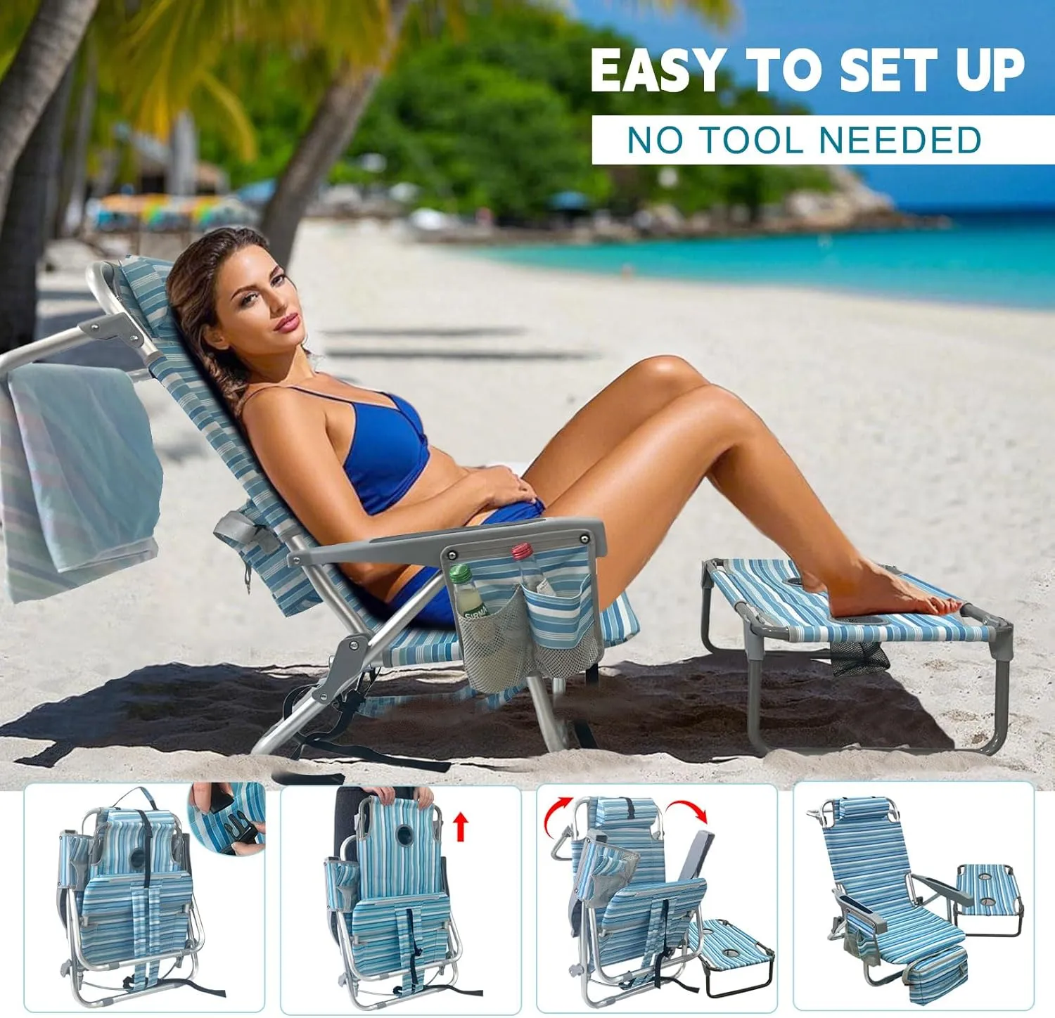 Backpack Beach Chair Aluminum 2 Pack with Folding Camping Table 5-Position Lay Flat Lounge Chair Outdoor for Adults with Insulated Cooler Bag and Cup Holder
