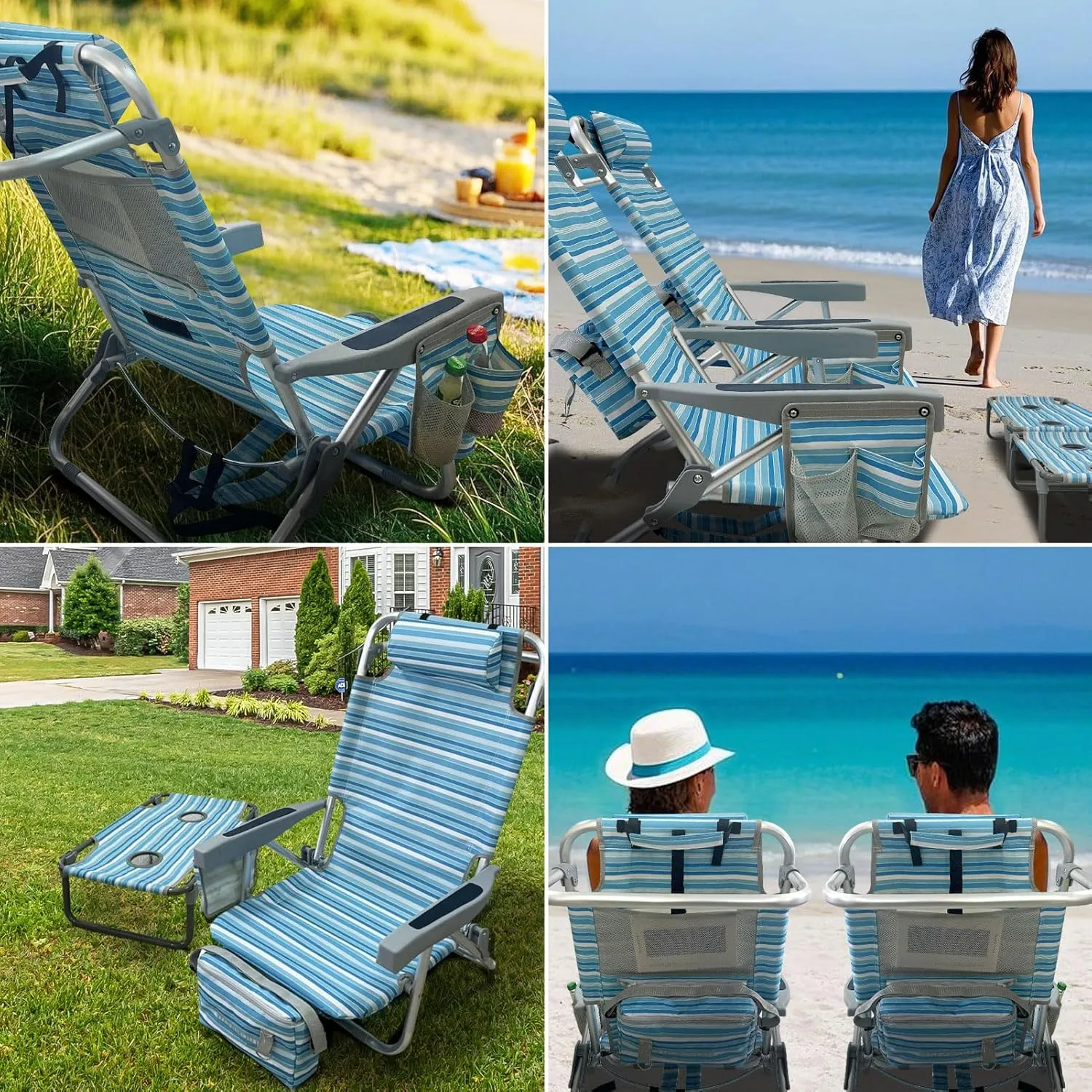 Backpack Beach Chair Aluminum 2 Pack with Folding Camping Table 5-Position Lay Flat Lounge Chair Outdoor for Adults with Insulated Cooler Bag and Cup Holder