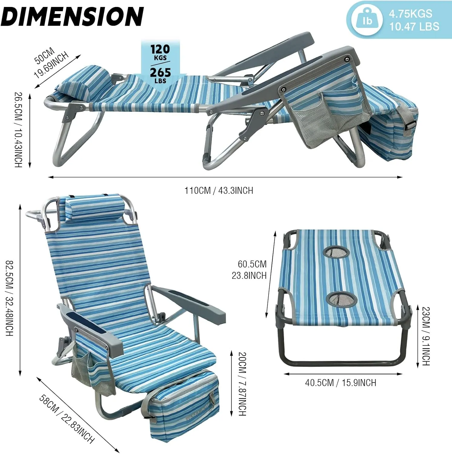 Backpack Beach Chair Aluminum 2 Pack with Folding Camping Table 5-Position Lay Flat Lounge Chair Outdoor for Adults with Insulated Cooler Bag and Cup Holder