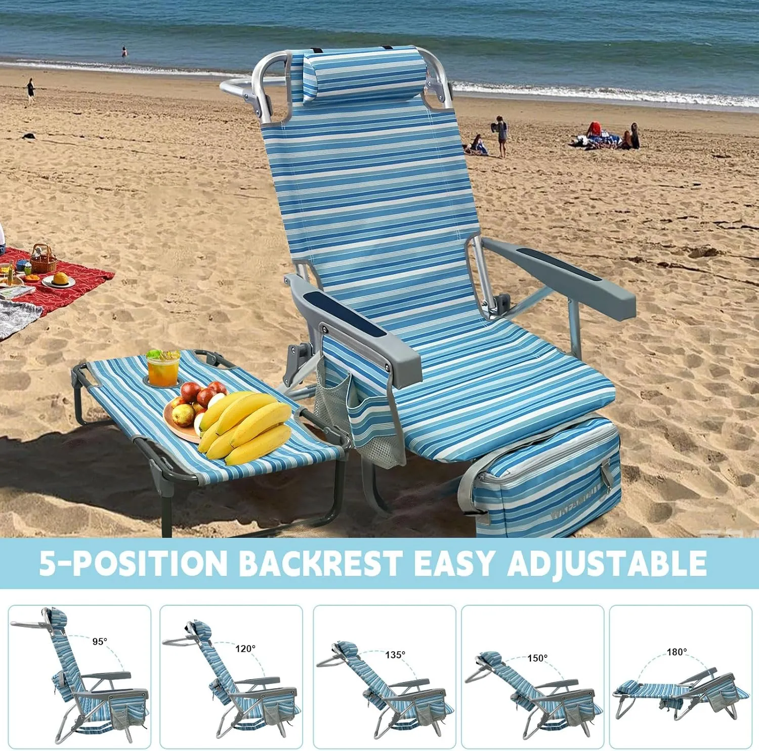 Backpack Beach Chair Aluminum 2 Pack with Folding Camping Table 5-Position Lay Flat Lounge Chair Outdoor for Adults with Insulated Cooler Bag and Cup Holder