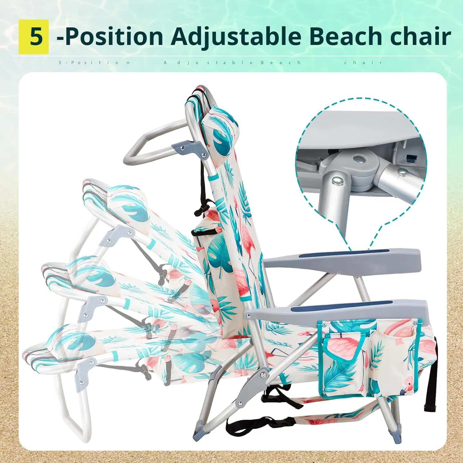Backpack Beach Chairs for Adults,5 Position Reclining Folding Portable Camping Chair w/Headrest and Armrests,Outdoor Compact Lounge Low Lawn Chair for Camp,Hiking,Travel,Patio,Supports 220lbs,Pink