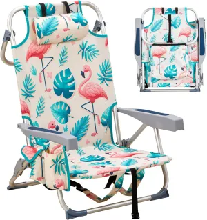 Backpack Beach Chairs for Adults,5 Position Reclining Folding Portable Camping Chair w/Headrest and Armrests,Outdoor Compact Lounge Low Lawn Chair for Camp,Hiking,Travel,Patio,Supports 220lbs,Pink