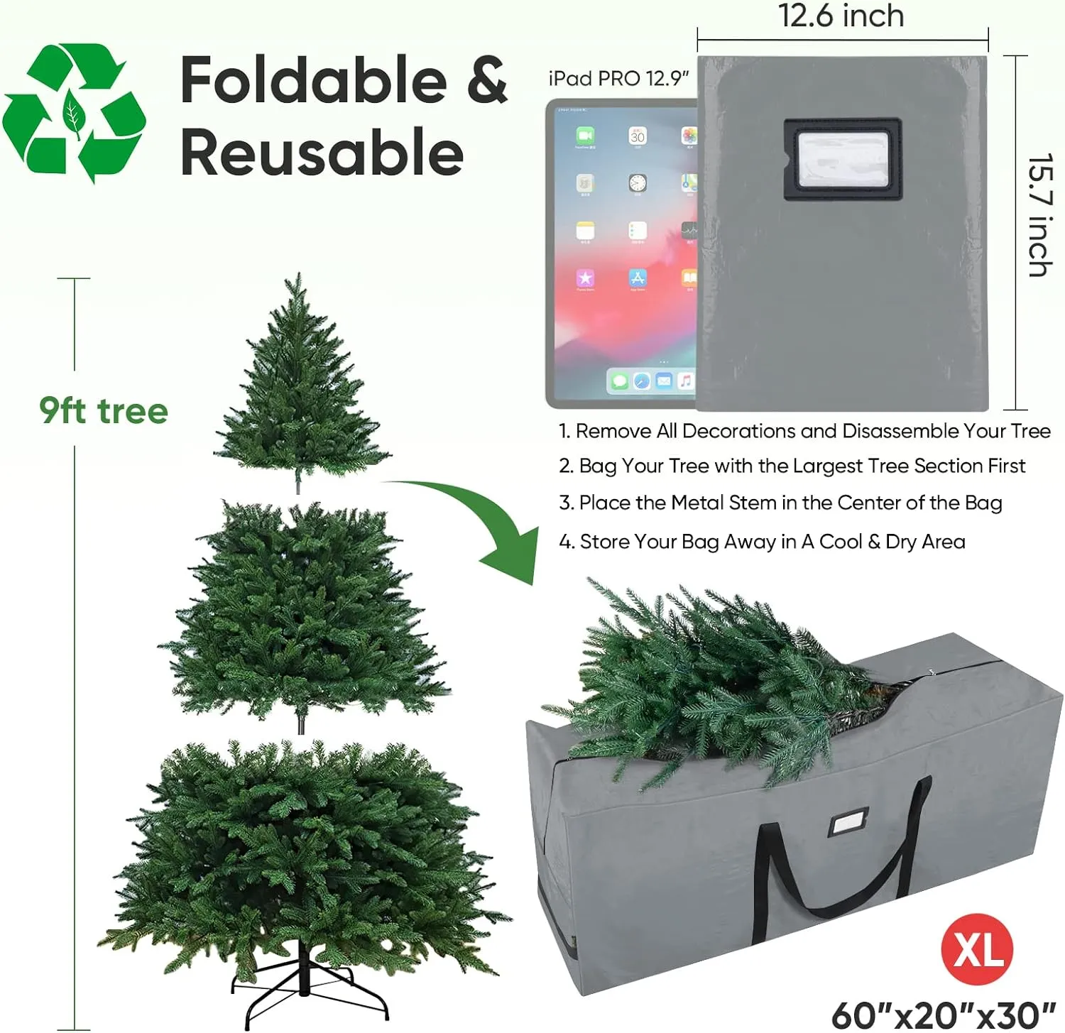 BALEINE 9 ft Christmas Tree Storage Bag, Heavy Duty 900D Oxford Fabric with Reinforced Handles and Dual Zippers Wide Opening, Extra Large Storage Container for Trees and Decorations (Grey)