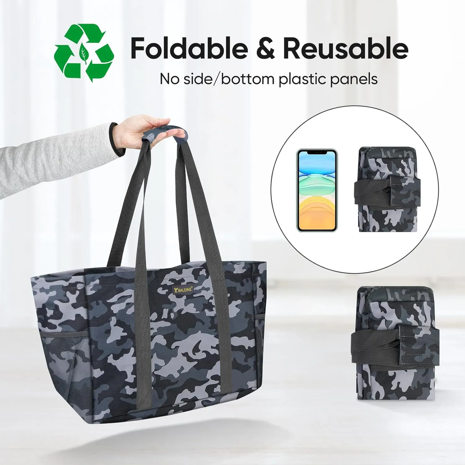 BALEINE Soft 9 Gallon Extra Large Utility Tote, Foldable Reusable Storage Bag (Grey Camouflage)