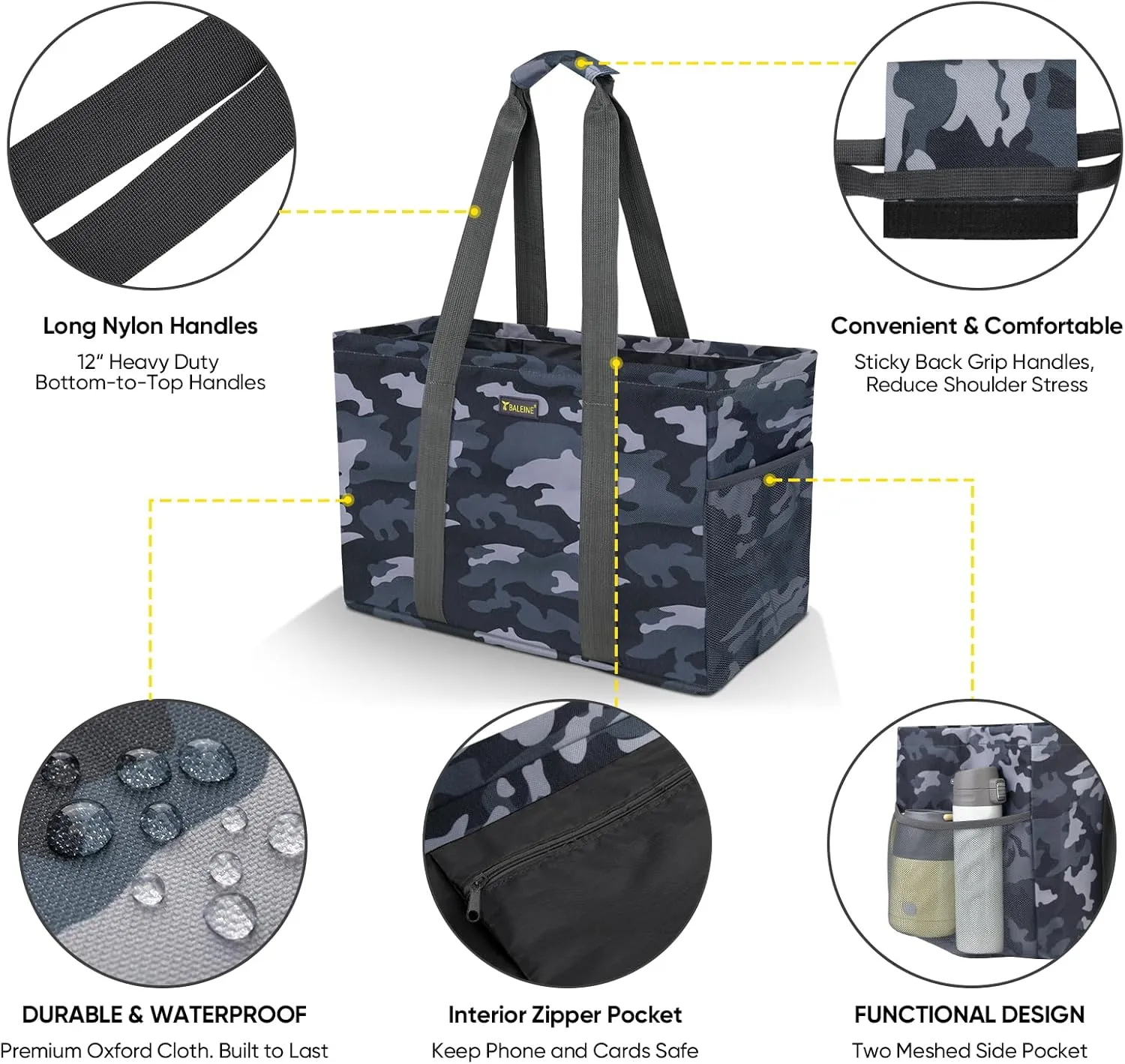 BALEINE Soft 9 Gallon Extra Large Utility Tote, Foldable Reusable Storage Bag (Grey Camouflage)