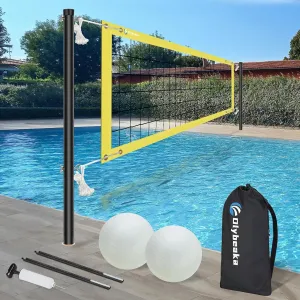 Base Free Swimming Pool Volleyball Net Set for Above Ground/Inground Pools with 3-Height Adjustable Aluminium Poles, Durable Anti-Sagging Net, 2 Water Volleyballs and Carry Bag