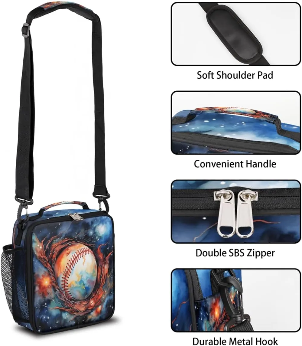 Baseball Stars Fire Watercolor Dark Insulated Lunch Bag for Men Women Reusable Lunch Box Thermal Cooler Lunch Tote With Adjustable Shoulder Starp for Camping Office Picnic Adults,A3