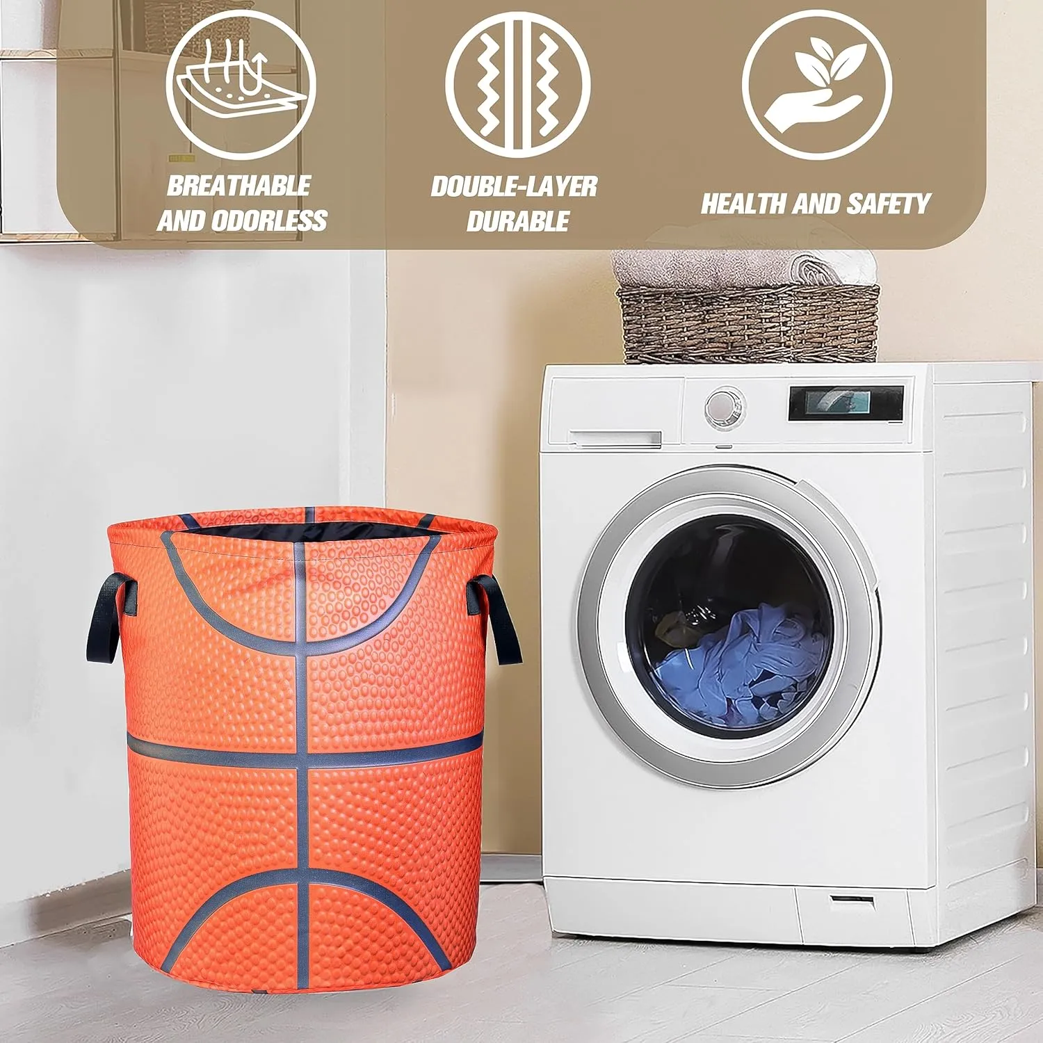 Basketball Texture Laundry Basket Ball Foldable Waterproof Oxford Cloth Funny Tote Bag Laundry Hamper Clothes Storage Bucket Toy Organizer For Bathroom/Laundry Storage/Bedroom 17.7x13.7 Inch