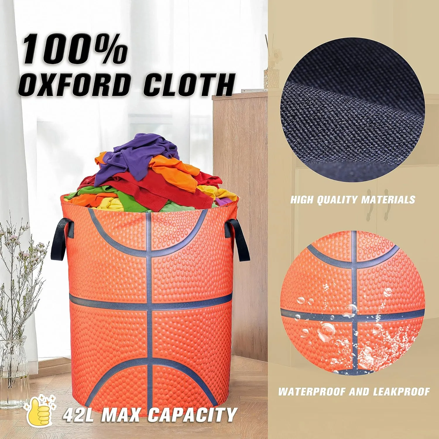 Basketball Texture Laundry Basket Ball Foldable Waterproof Oxford Cloth Funny Tote Bag Laundry Hamper Clothes Storage Bucket Toy Organizer For Bathroom/Laundry Storage/Bedroom 17.7x13.7 Inch