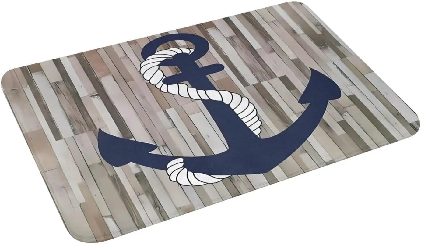 Bath Mat Nautical Navy Blue Anchor Wood Plank Quick Dry Bathroom Rugs Non Slip Absorbent Shower Rug Floor Mat for Bathroom, Bathtub,Sink,24x36 Inch