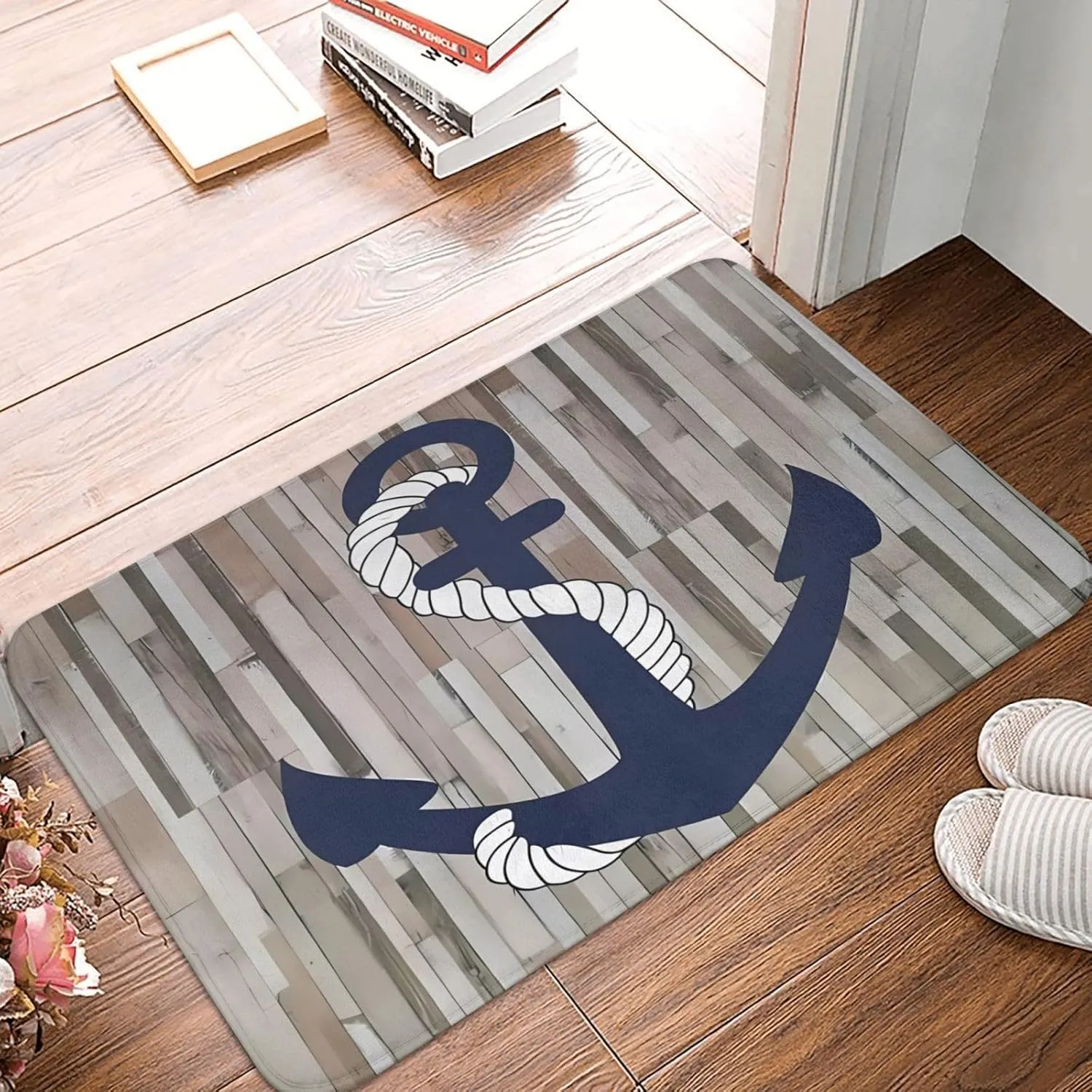 Bath Mat Nautical Navy Blue Anchor Wood Plank Quick Dry Bathroom Rugs Non Slip Absorbent Shower Rug Floor Mat for Bathroom, Bathtub,Sink,24x36 Inch