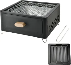 BBQ Grill Portable Wood & Charcoal Burning Camping Stove for Barbecue, Roasting Heavy Duty Steel Cooking Stove (Black,With baking tray)