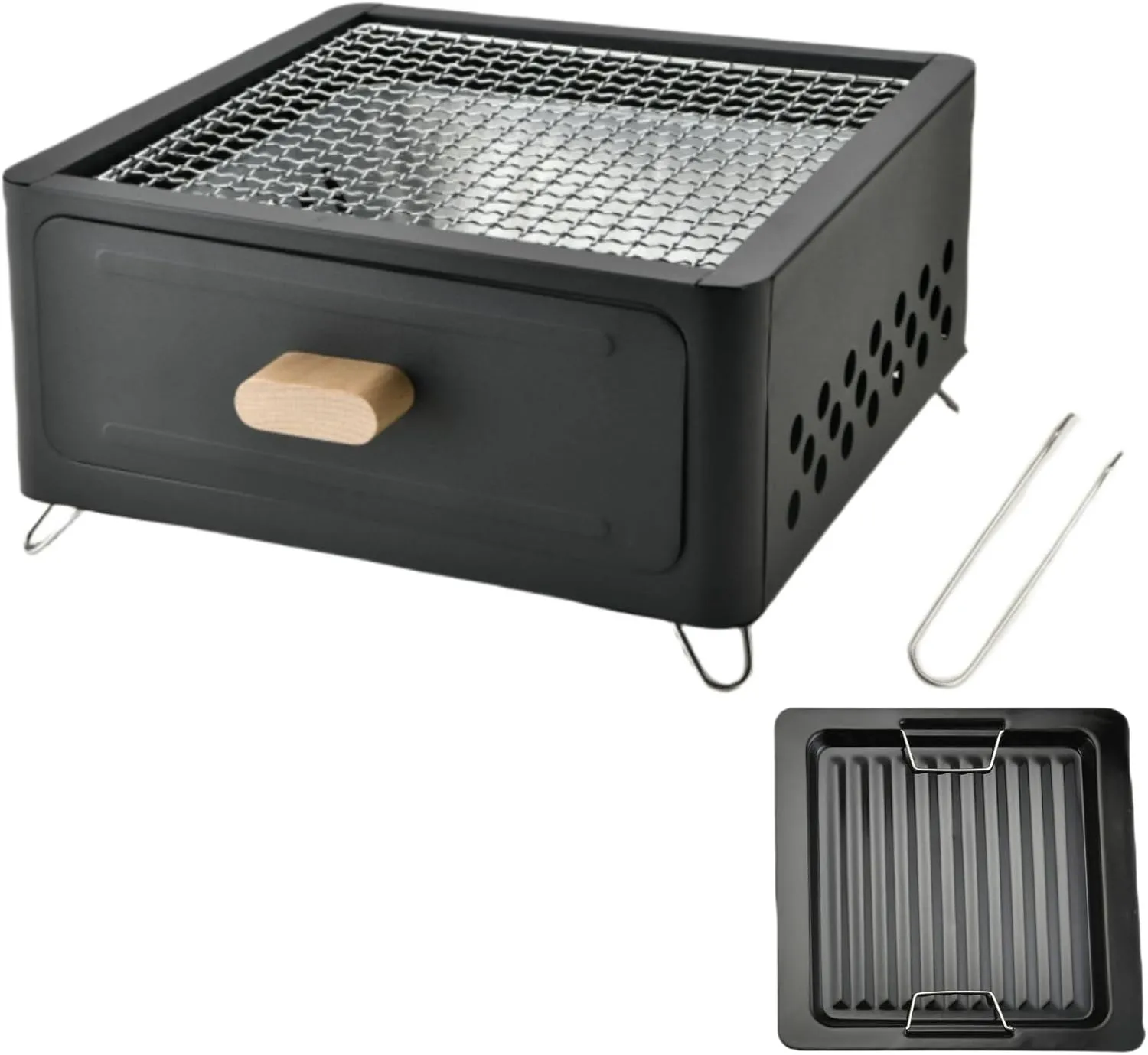 BBQ Grill Portable Wood & Charcoal Burning Camping Stove for Barbecue, Roasting Heavy Duty Steel Cooking Stove (Black,With baking tray)