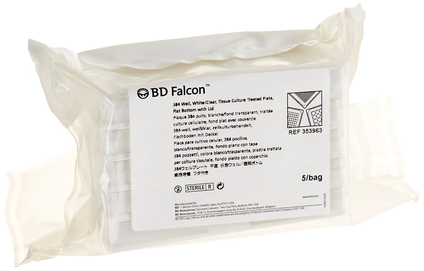 BD 353963 Falcon White/Clear Polystyrene Sterile 384 Well Microtest Plate with Lid, 120 microliter Capacity, Flat Bottom Shape (Case of 50)