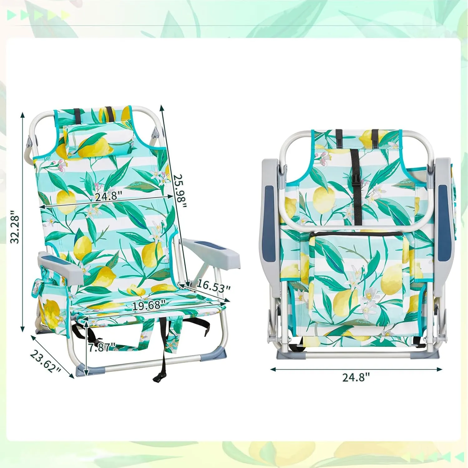 Beach Backpacking Chair Foldable Camping Chairs for Adults,5 Positions Reclining Hiking Chair w/Headrest and Cooler Pockets,Low Compact Chair for Camp,Fishing,Picnics,Sports,Supports 220lbs,Lemon