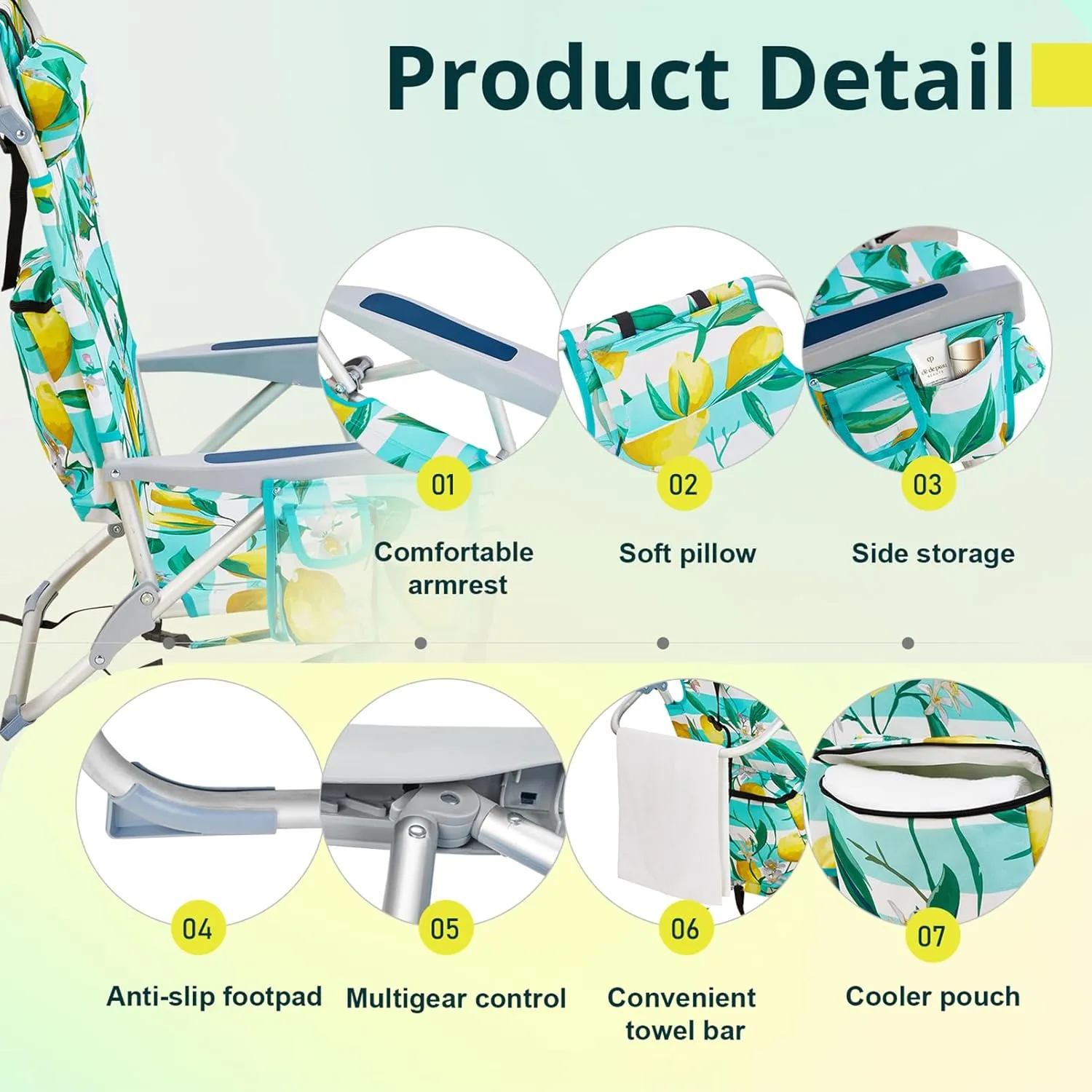 Beach Backpacking Chair Foldable Camping Chairs for Adults,5 Positions Reclining Hiking Chair w/Headrest and Cooler Pockets,Low Compact Chair for Camp,Fishing,Picnics,Sports,Supports 220lbs,Lemon