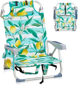 Beach Backpacking Chair Foldable Camping Chairs for Adults,5 Positions Reclining Hiking Chair w/Headrest and Cooler Pockets,Low Compact Chair for Camp,Fishing,Picnics,Sports,Supports 220lbs,Lemon