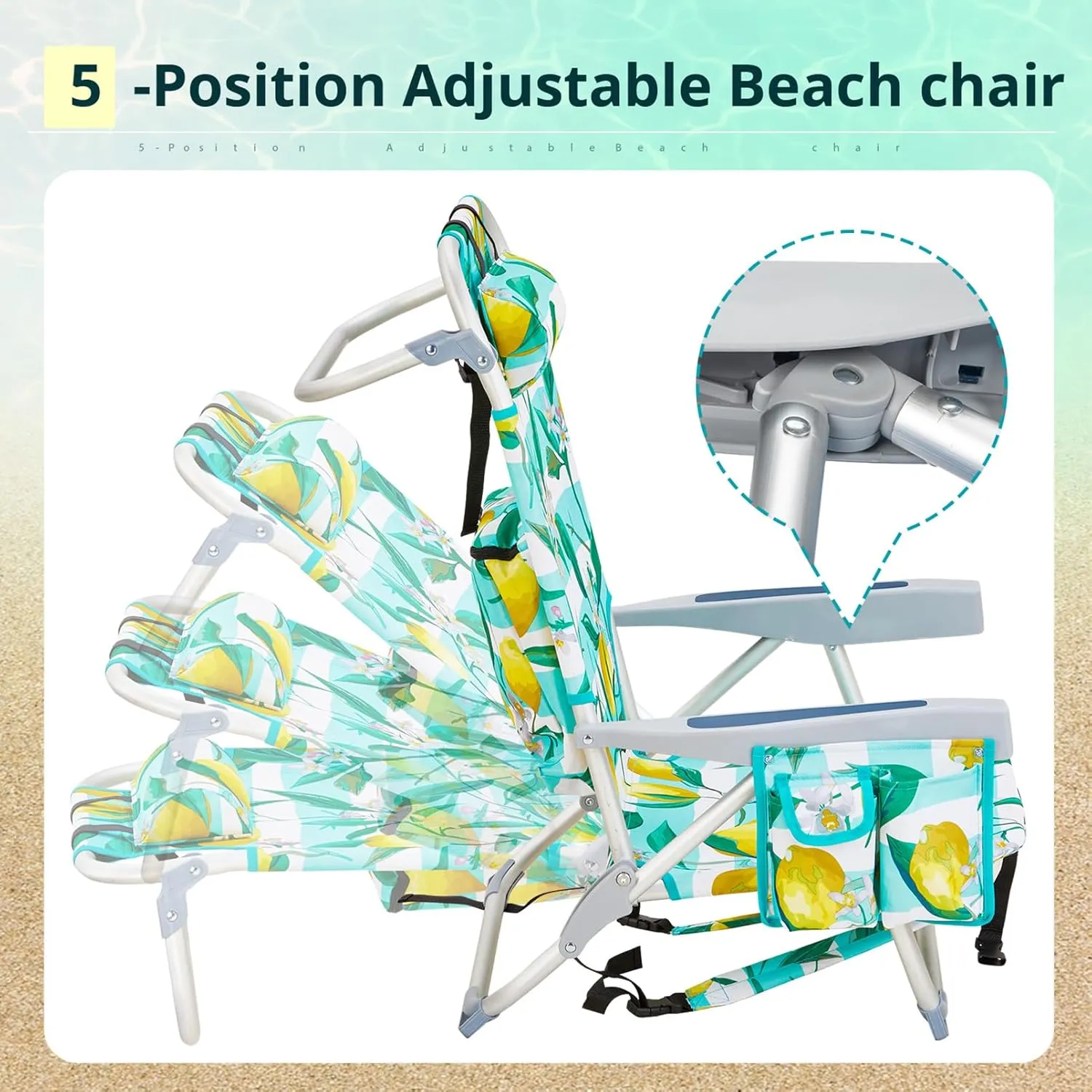 Beach Backpacking Chair Foldable Camping Chairs for Adults,5 Positions Reclining Hiking Chair w/Headrest and Cooler Pockets,Low Compact Chair for Camp,Fishing,Picnics,Sports,Supports 220lbs,Lemon