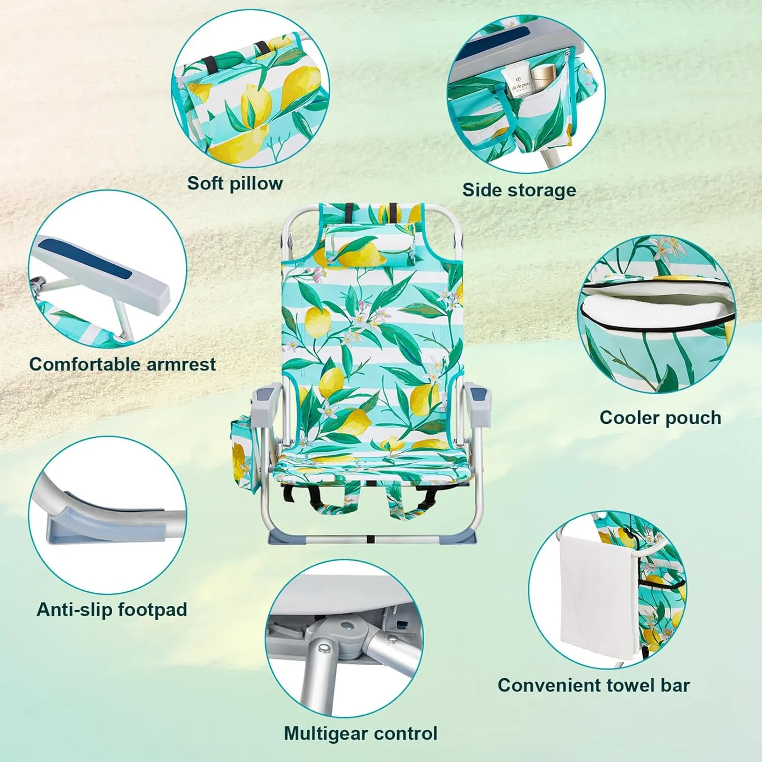 Beach Backpacking Chair Foldable Camping Chairs for Adults,5 Positions Reclining Hiking Chair w/Headrest and Cooler Pockets,Low Compact Chair for Camp,Fishing,Picnics,Sports,Supports 220lbs,Lemon