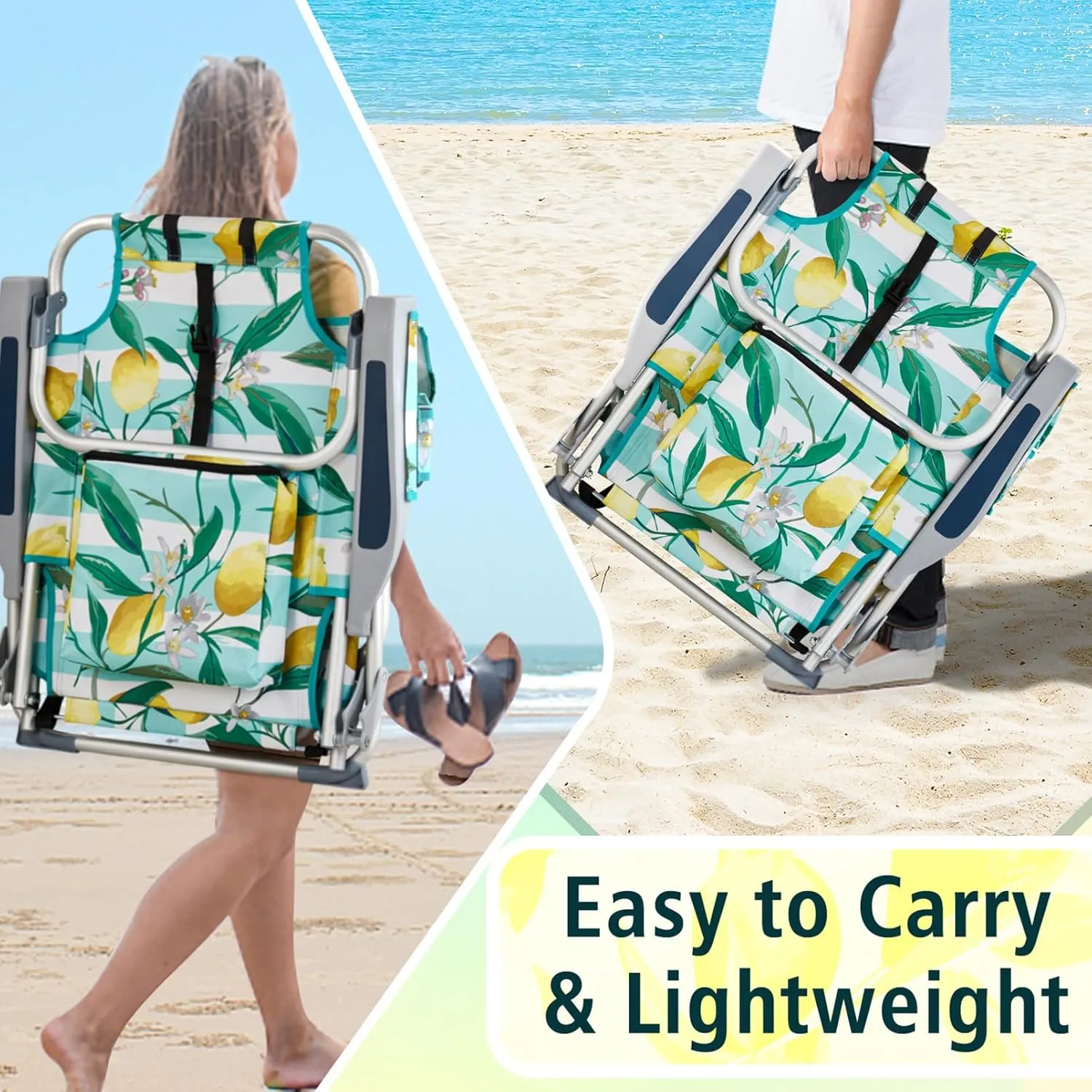 Beach Backpacking Chair Foldable Camping Chairs for Adults,5 Positions Reclining Hiking Chair w/Headrest and Cooler Pockets,Low Compact Chair for Camp,Fishing,Picnics,Sports,Supports 220lbs,Lemon