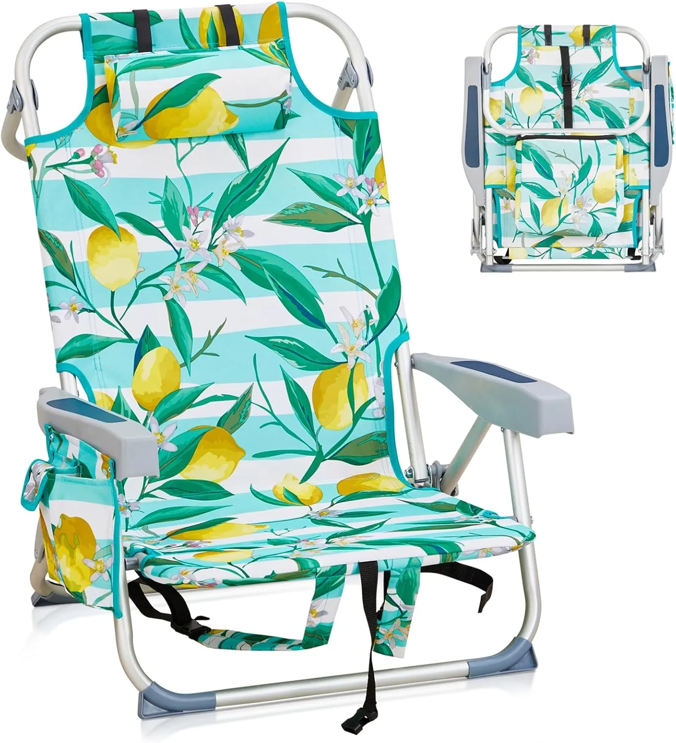 Beach Backpacking Chair Foldable Camping Chairs for Adults,5 Positions Reclining Hiking Chair w/Headrest and Cooler Pockets,Low Compact Chair for Camp,Fishing,Picnics,Sports,Supports 220lbs,Lemon