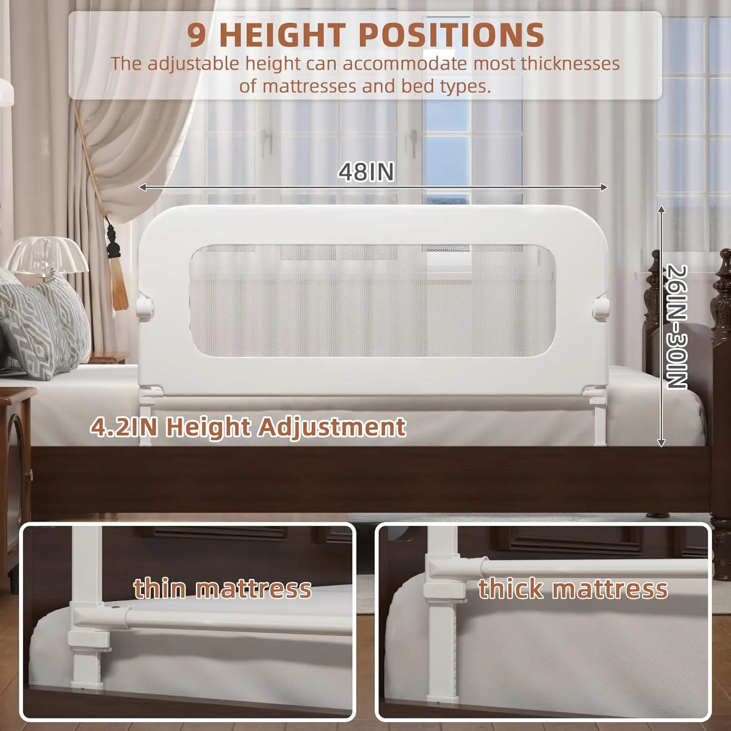 Bed Rail for Toddlers, Baby Bed Rail Guard for Kids, Toddler Bed Rails with Reinforced Anchor Fit, Height Adjustable & Foldable Bed Rail Guard for Twin, Full, Queen & King Beds (White, 48IN)