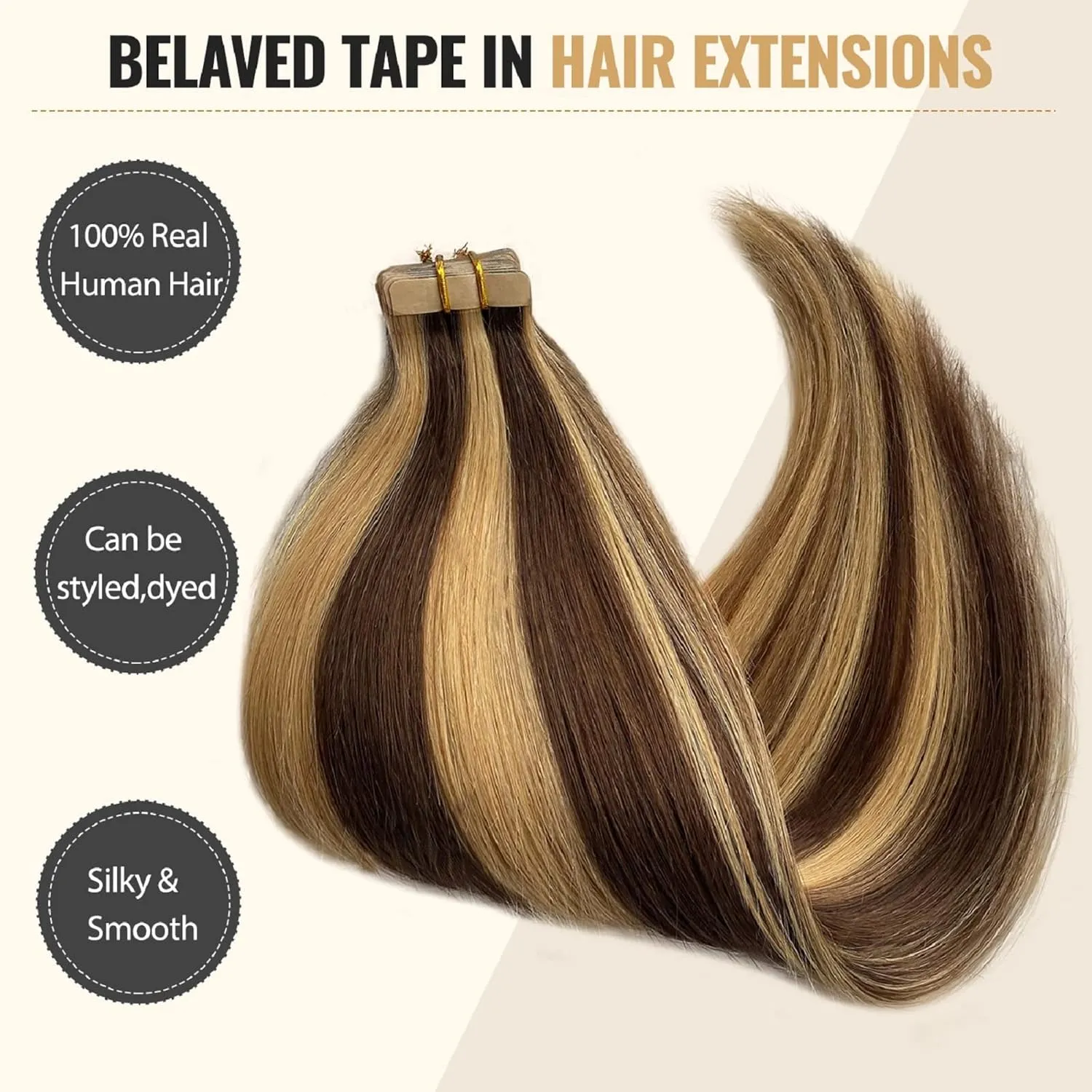 Belaved Highlights Tape in Human Hair Extensions Remy Tape in Human Hair Extensions for Women Straight Hair Balayage Chocolate Brown to Blonde 14inch 50 Gram 20 Pcs Glue in Hair Extensions