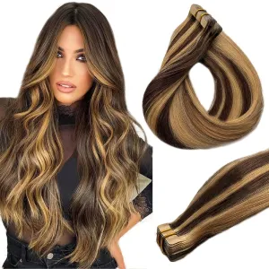 Belaved Highlights Tape in Human Hair Extensions Remy Tape in Human Hair Extensions for Women Straight Hair Balayage Chocolate Brown to Blonde 14inch 50 Gram 20 Pcs Glue in Hair Extensions