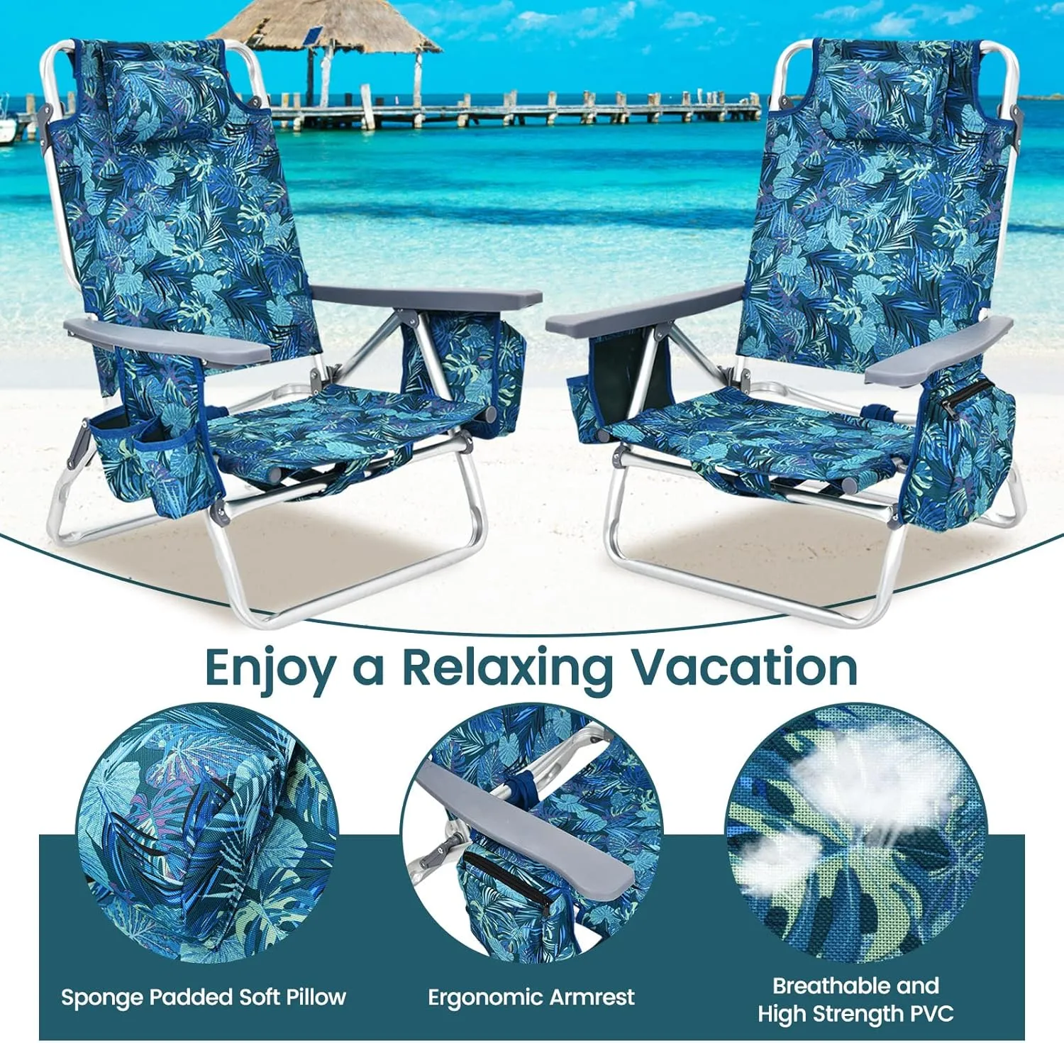 BETTARY Portable Backpack Beach Chairs for Adults 2 Pack, Aluminum Lawn Chair w/ 5 Position, Cup Holder, Cooler Bag, Heavy Duty Lay Flat Camping Chairs for Fishing, Sunbathing