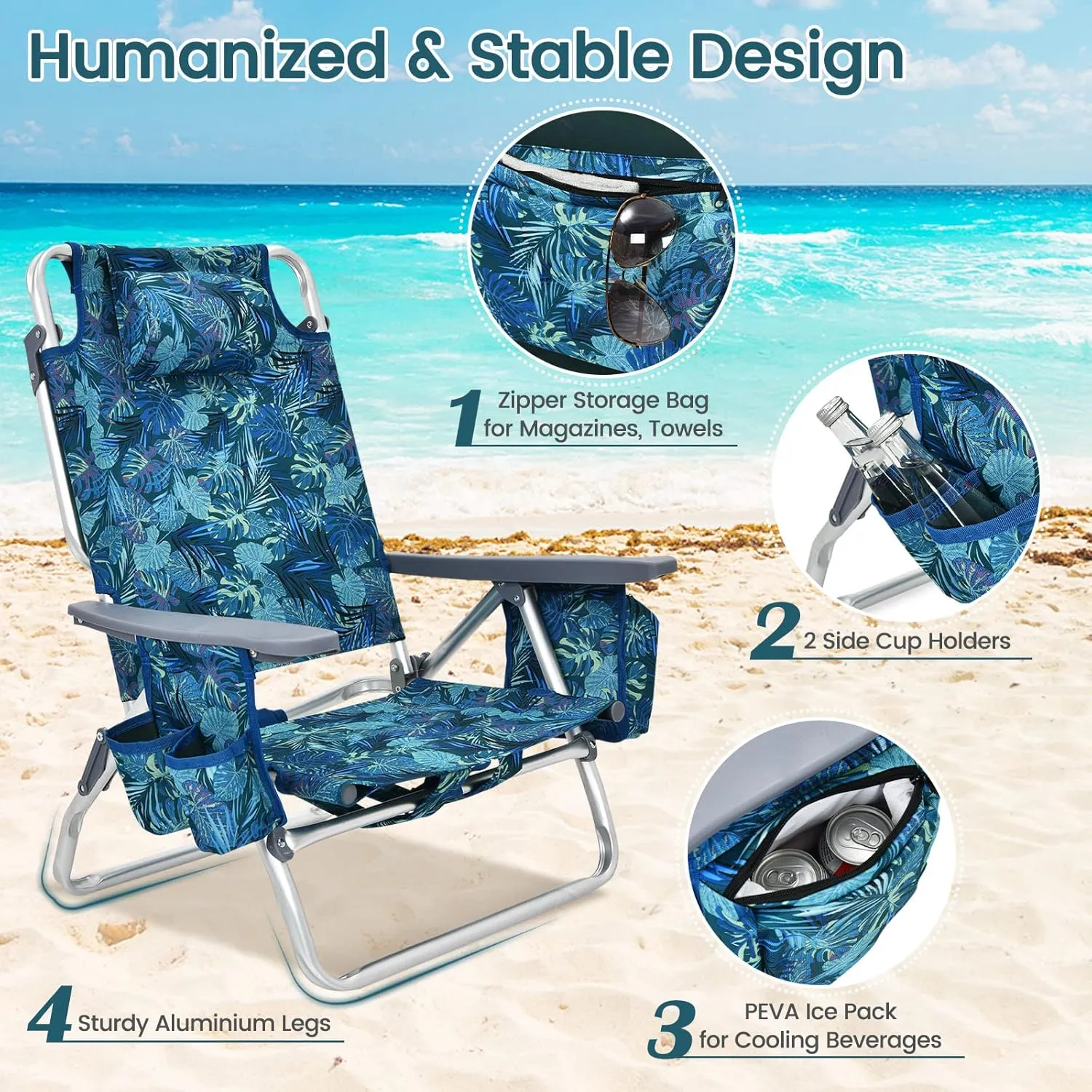 BETTARY Portable Backpack Beach Chairs for Adults 2 Pack, Aluminum Lawn Chair w/ 5 Position, Cup Holder, Cooler Bag, Heavy Duty Lay Flat Camping Chairs for Fishing, Sunbathing