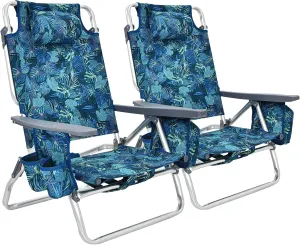BETTARY Portable Backpack Beach Chairs for Adults 2 Pack, Aluminum Lawn Chair w/ 5 Position, Cup Holder, Cooler Bag, Heavy Duty Lay Flat Camping Chairs for Fishing, Sunbathing