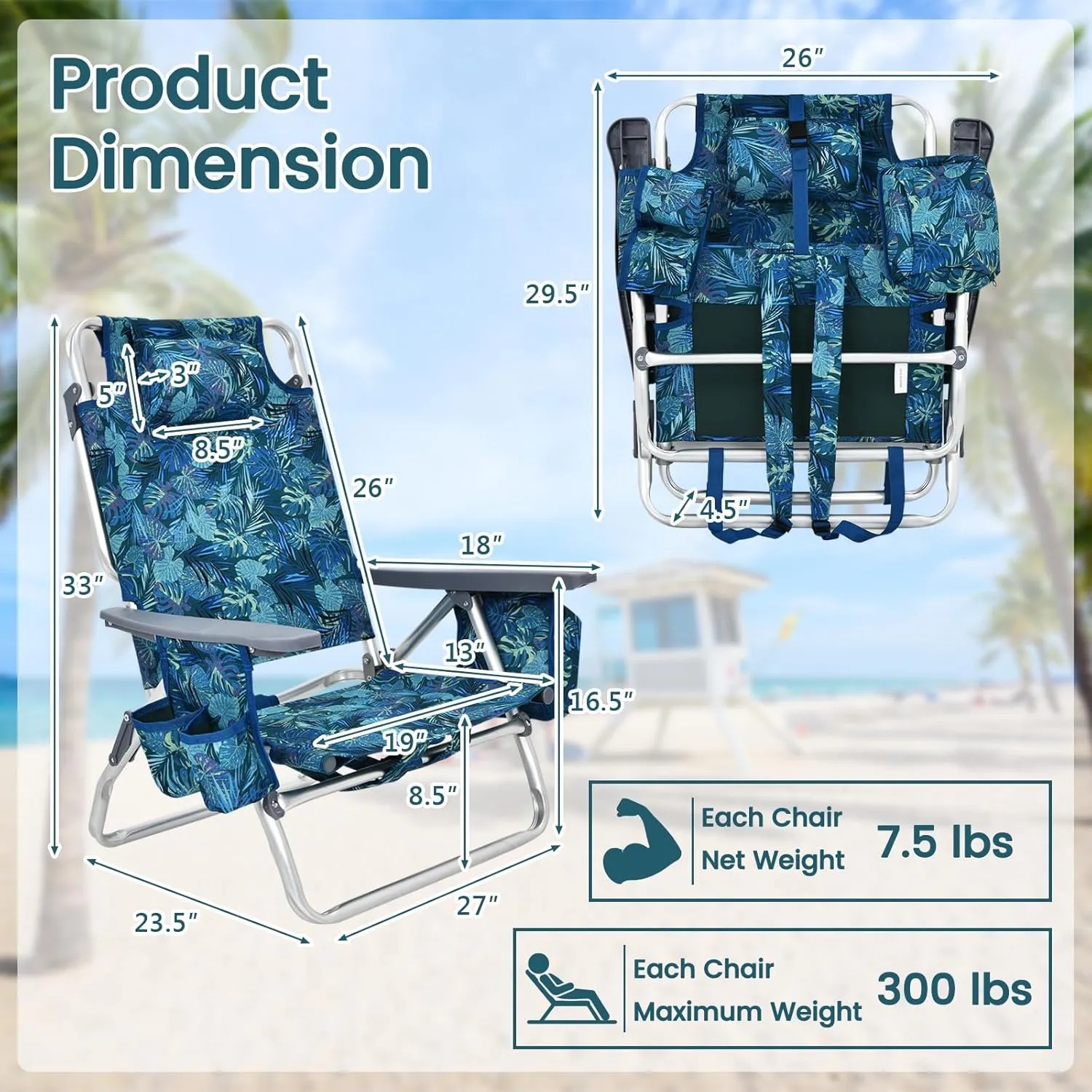 BETTARY Portable Backpack Beach Chairs for Adults 2 Pack, Aluminum Lawn Chair w/ 5 Position, Cup Holder, Cooler Bag, Heavy Duty Lay Flat Camping Chairs for Fishing, Sunbathing