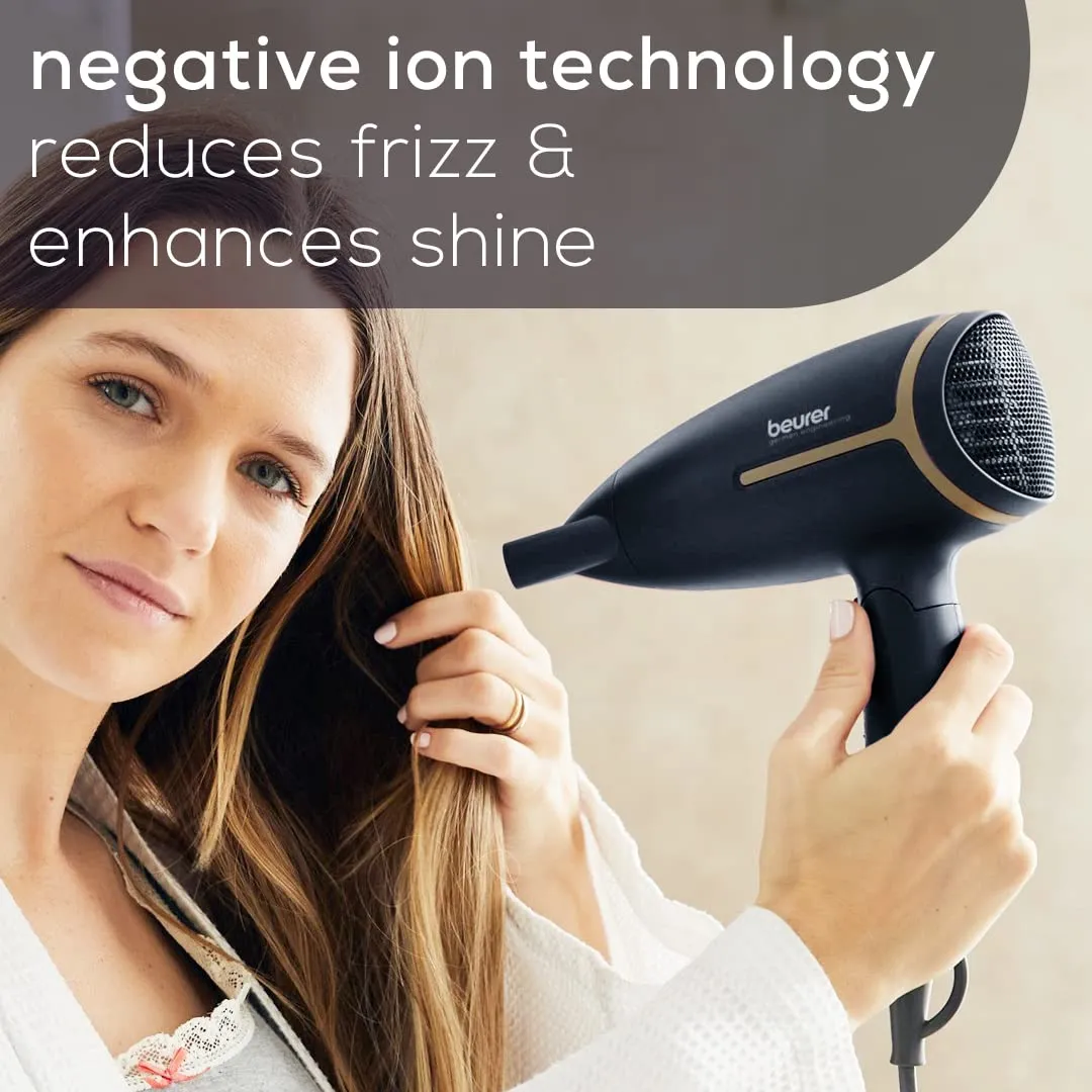 Beurer HC25 Travel Hair Dryer for with Voltage Switch, Powerful Blow Dryrer with Ion Function, 1600W, Anti Frizz, Foldable & Lightweight Styler, Nozzle Attachment